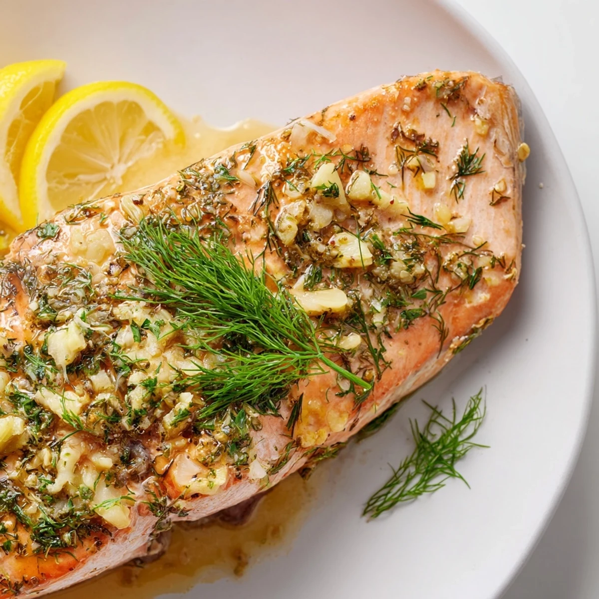 Golden-brown Lemon Dill Herb Salmon fillets fresh from the oven, garnished with lemon slices and aromatic dill sprigs.