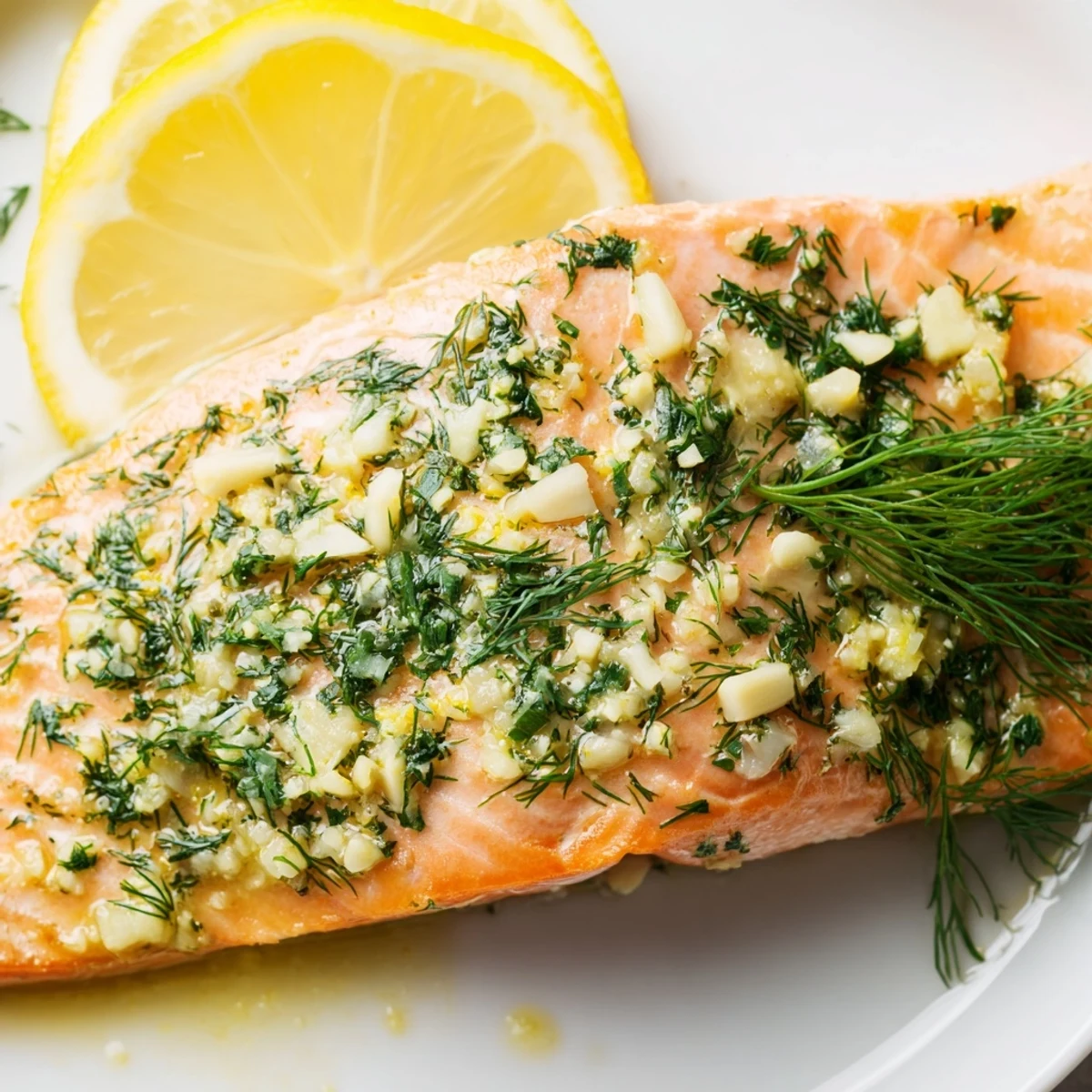 A close-up of Lemon Dill Herb Salmon with a flaky texture, served alongside steamed asparagus and roasted potatoes.