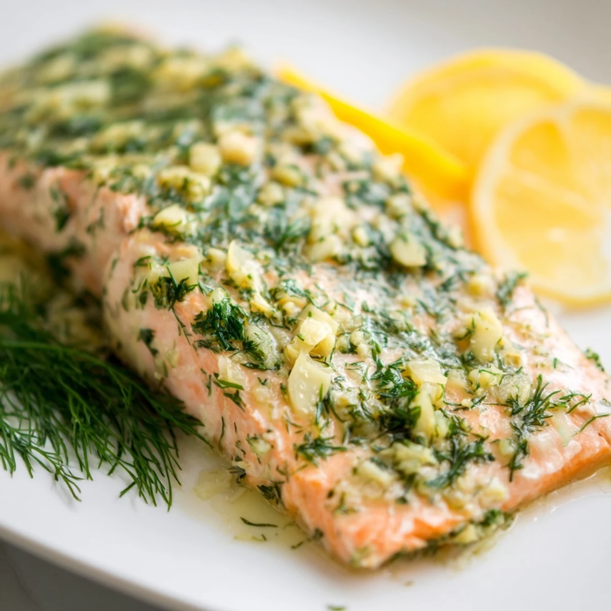 Juicy oven-roasted Lemon Dill Herb Salmon fillet drizzled with olive oil and lemon zest, perfect for a healthy dinner.