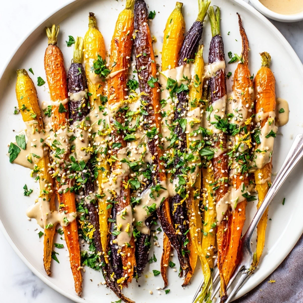 A close-up of roasted rainbow carrots with tahini sauce and lemon zest served warm for a colorful side dish.