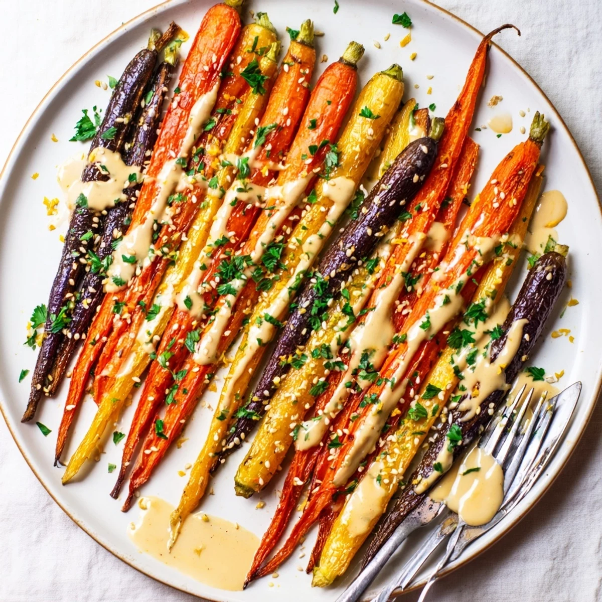 Vibrant roasted rainbow carrots with tahini drizzle garnished with parsley and sesame seeds on a white plate.
