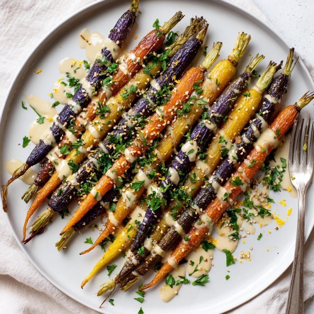 Roasted rainbow carrots with tahini and toasted sesame seeds arranged on a platter with fresh parsley garnish.