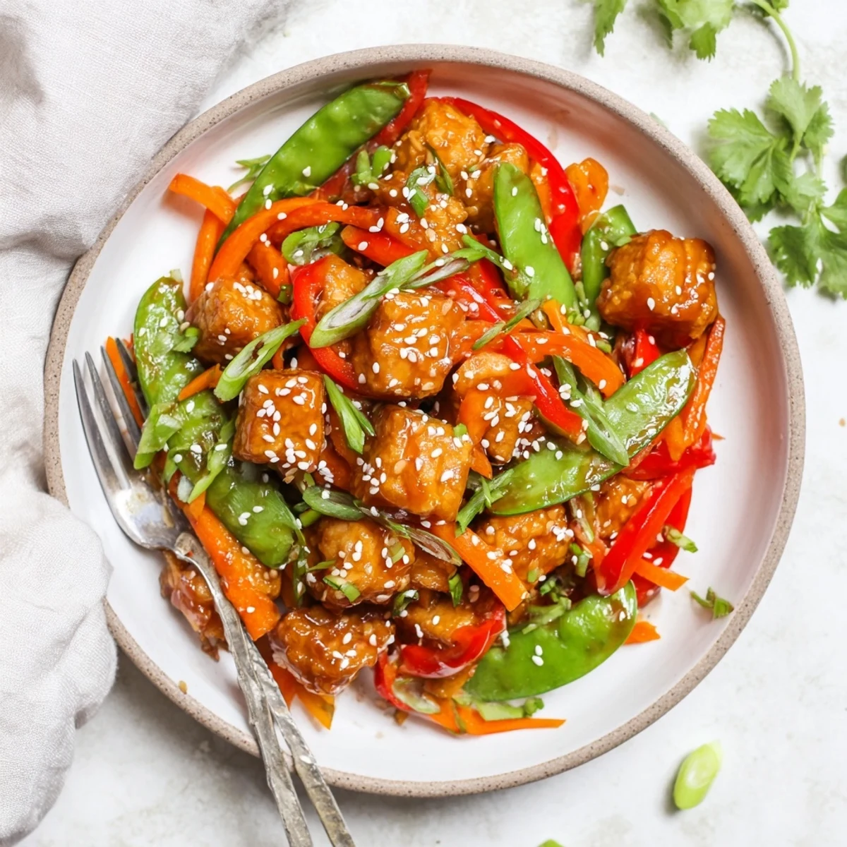 Golden-brown Ginger Garlic Tempeh Skillet with vibrant bell peppers and snap peas served over steamed rice.