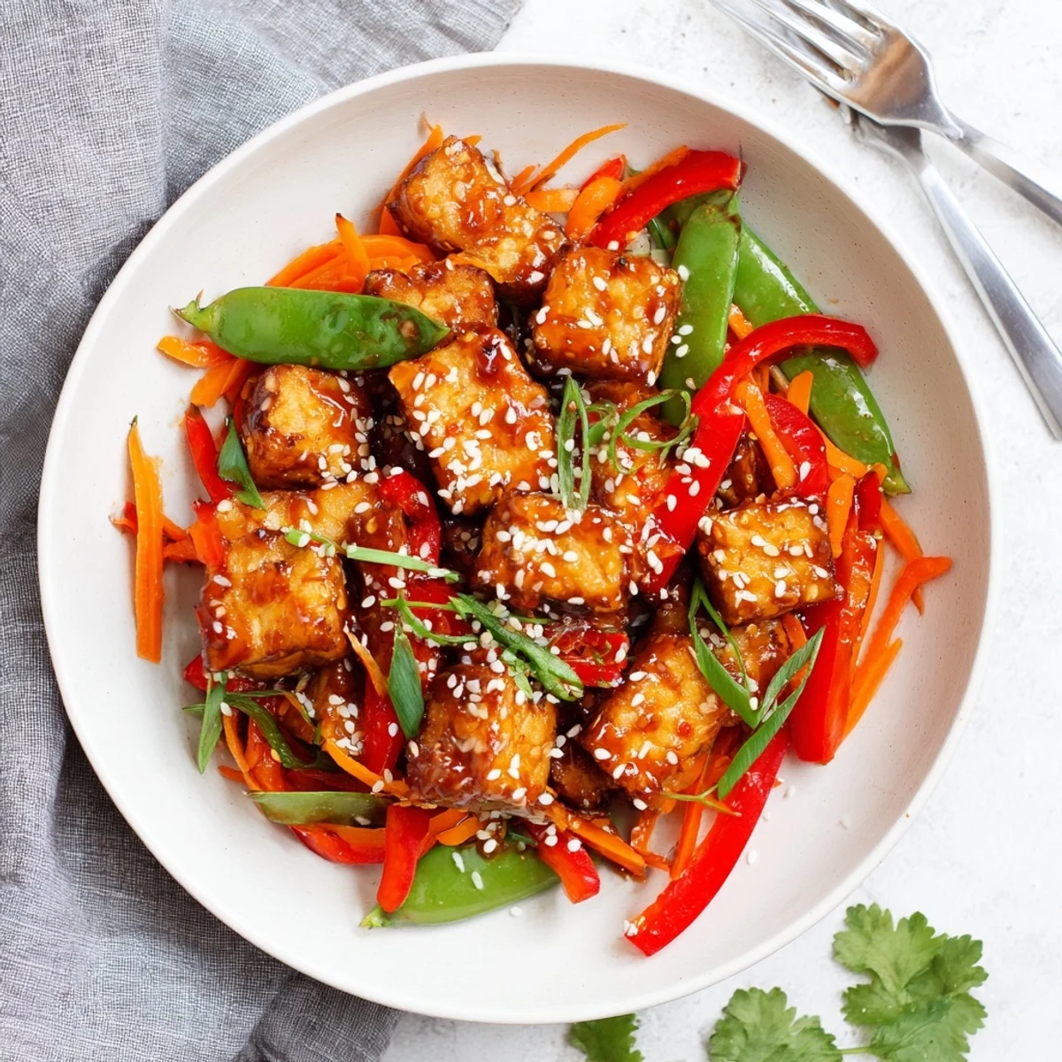 Aromatic Ginger Garlic Tempeh Skillet simmering in glossy sauce, garnished with green onions and sesame seeds.