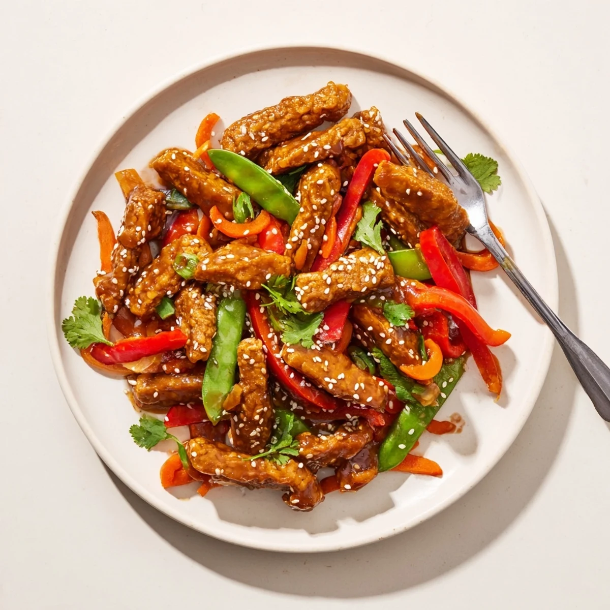 Close-up of Ginger Garlic Tempeh Skillet featuring crispy tempeh cubes and crisp vegetables on a rustic plate.
