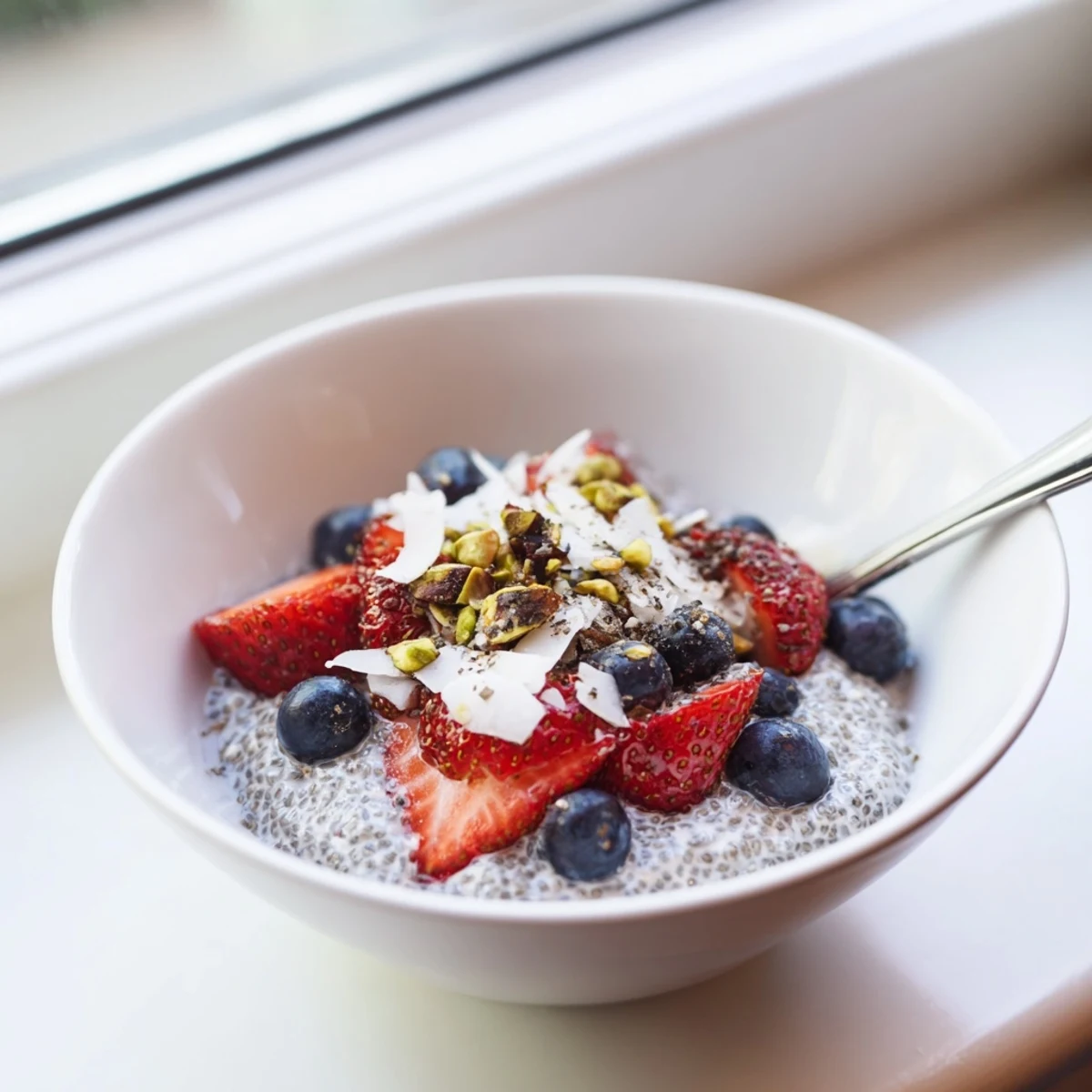 A chilled bowl of coconut date chia pudding topped with chopped nuts and a drizzle of vanilla.