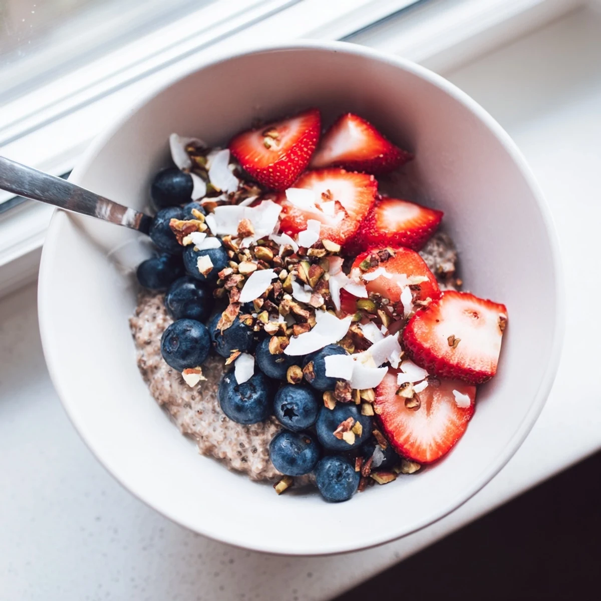 Delicious coconut date chia pudding served in glasses with layered textures and a spoon nearby.
