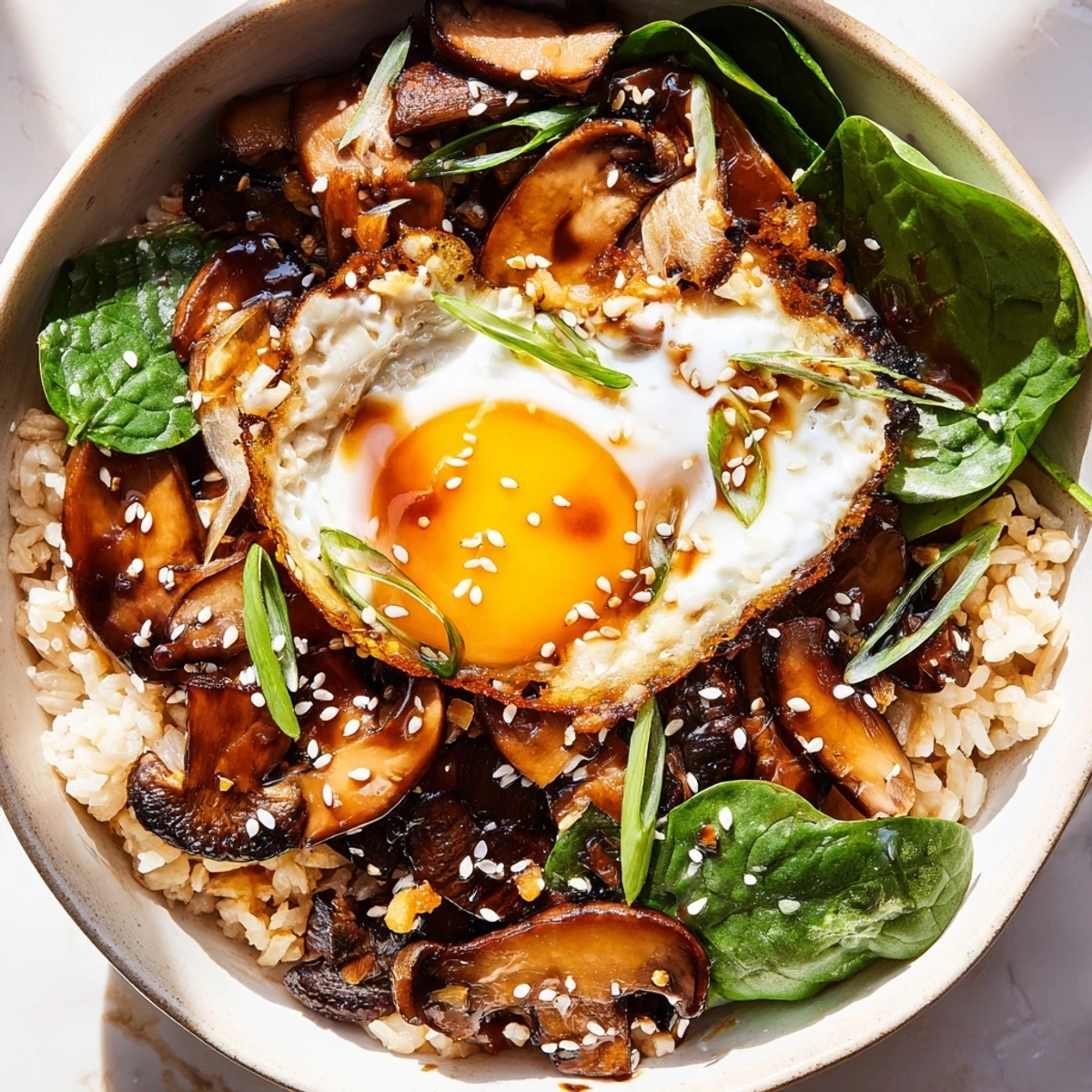 Savory miso mushroom breakfast bowl featuring golden sautéed mushrooms atop fluffy white rice with a perfectly fried egg