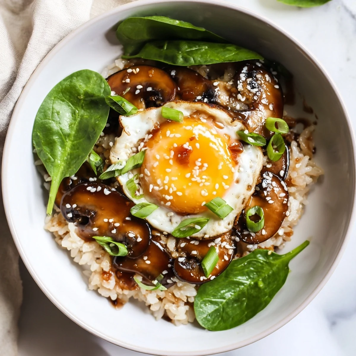 Savory miso mushroom breakfast bowl with umami-glazed shiitake and cremini mushrooms served over warm rice with a soft-boiled egg