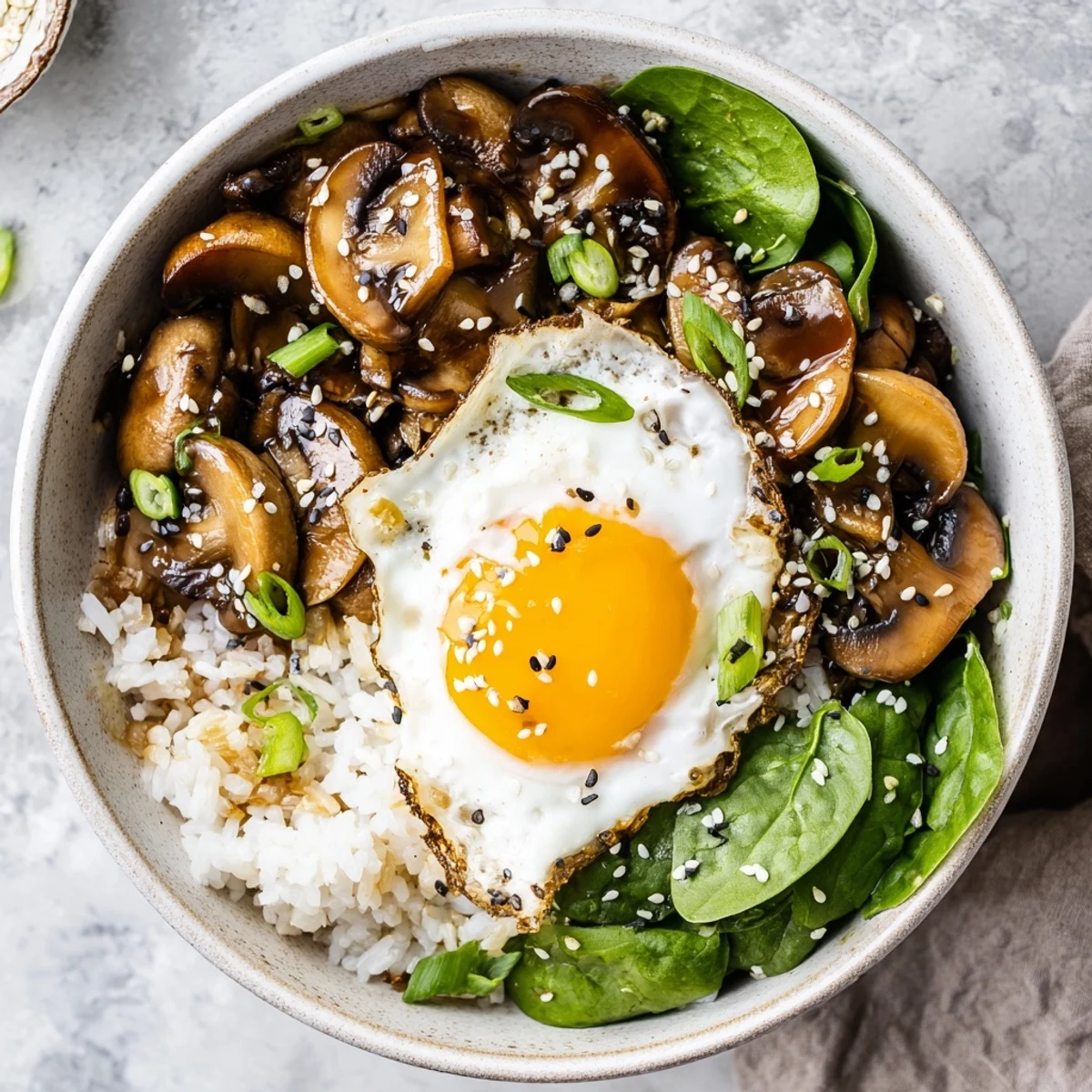 Hearty miso mushroom breakfast bowl with fresh spinach, sesame seeds, and green onions for a nourishing Japanese-inspired morning meal