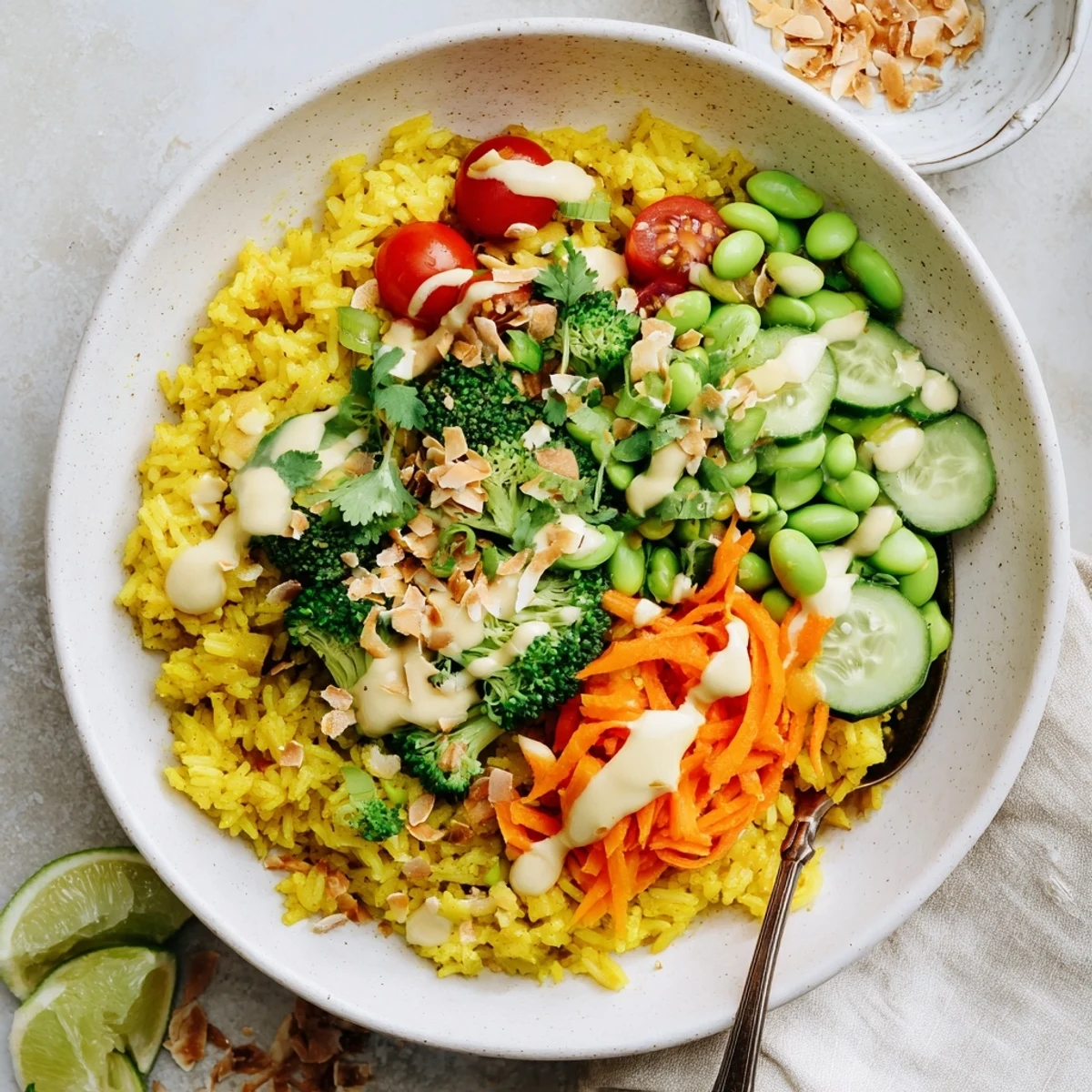 Vibrant bowl of fluffy turmeric coconut rice arranged with colorful veggies and sesame garnish