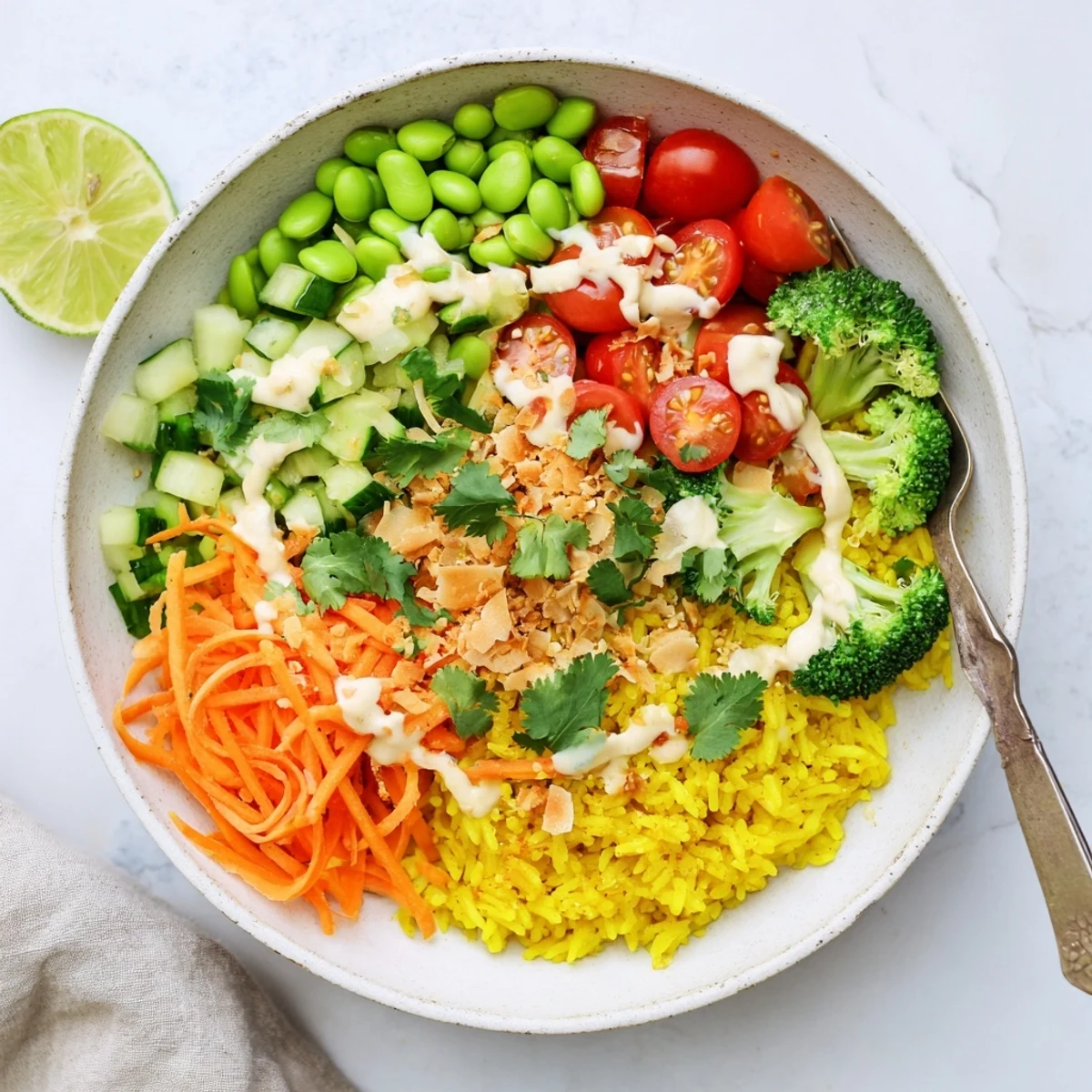 Aromatic coconut rice infused with turmeric served with crisp vegetables and tahini sauce
