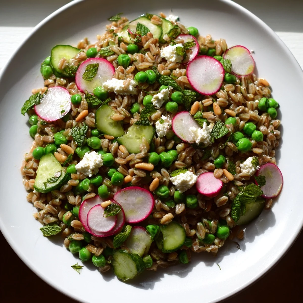 Vibrant spring pea and mint farro salad bowl topped with fresh radishes and cucumber slices