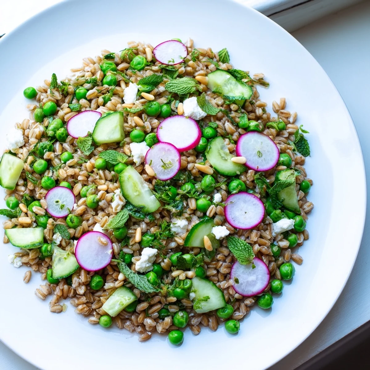 Golden nutty farro tossed with bright green peas and aromatic fresh mint in a shallow serving dish