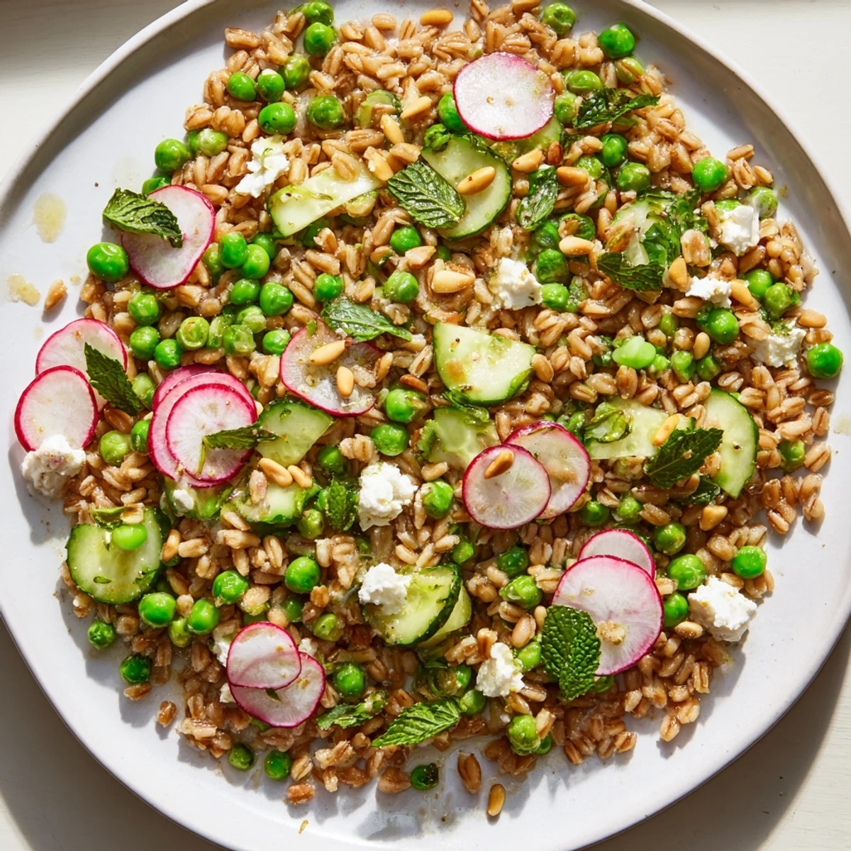 Mediterranean-style grain salad featuring chewy farro, sweet peas, and fragrant mint herbs on a white plate