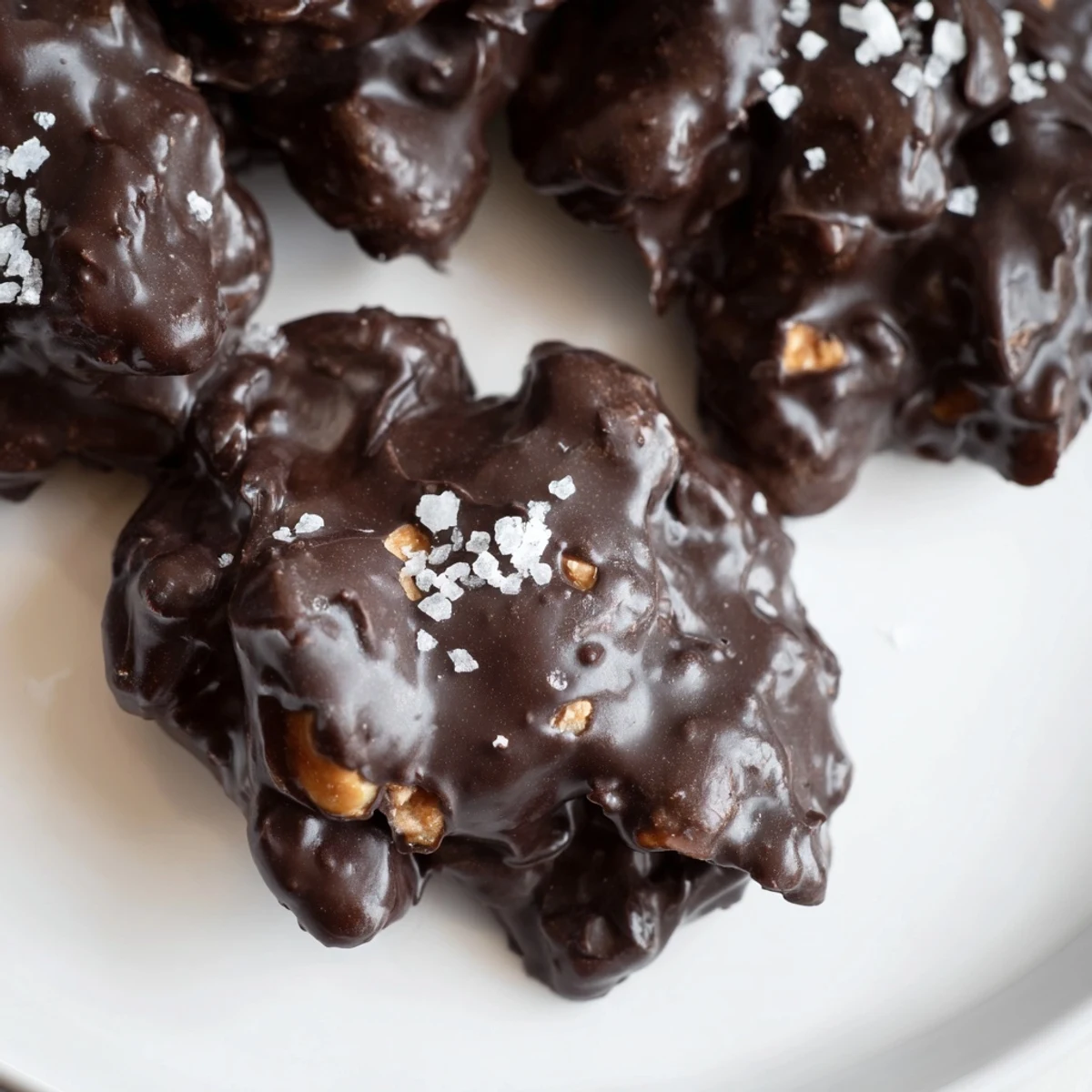 Homemade dark chocolate covered cashew clusters sprinkled with flaky sea salt on parchment paper