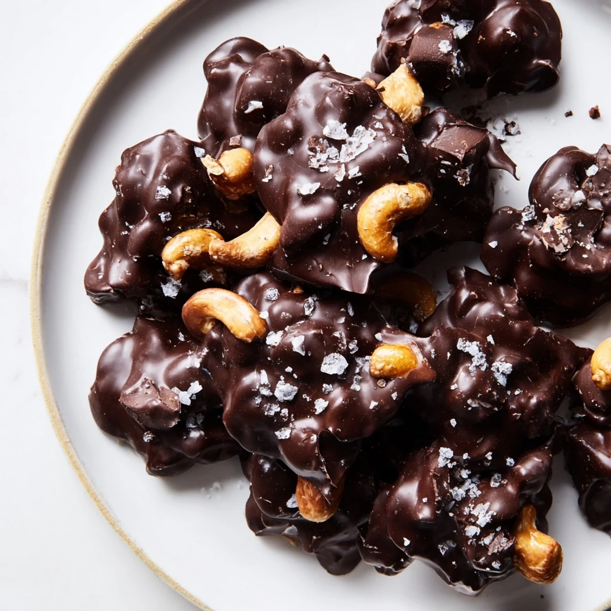 Glossy dark chocolate coated cashew cluster treats arranged on a white baking sheet