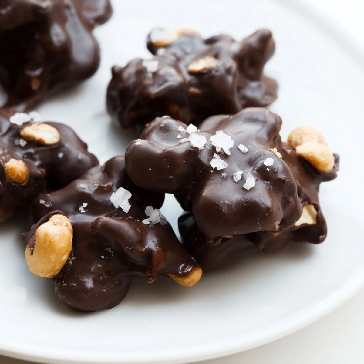 Rich melted dark chocolate generously covering roasted cashews topped with sea salt crystals