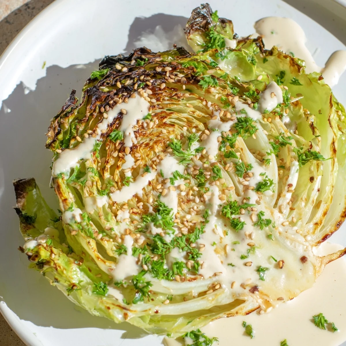 Golden roasted cabbage steaks drizzled with creamy lemon tahini sauce and fresh parsley garnish on a white serving plate
