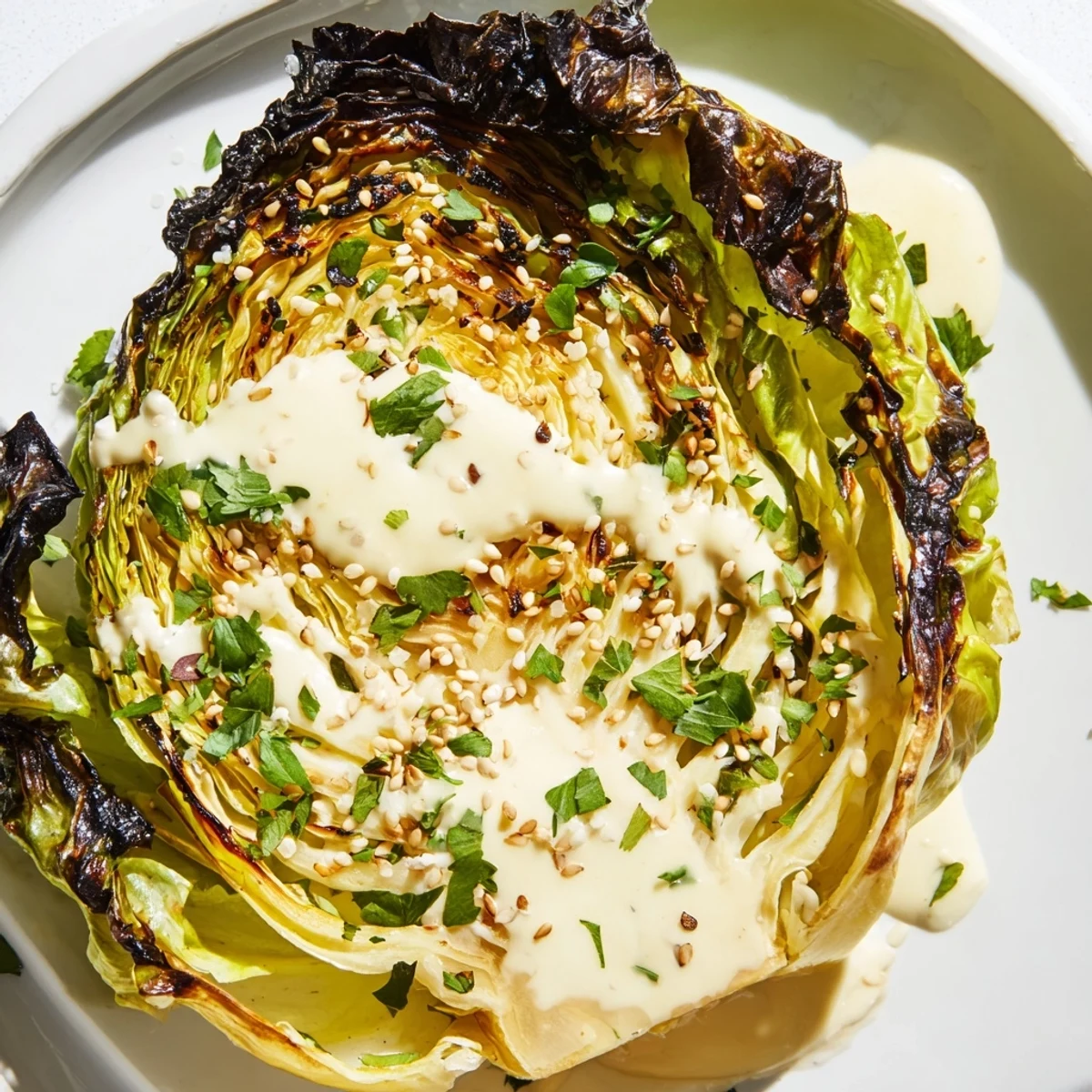 Oven-roasted cabbage wedges with browned edges finished with tangy lemon tahini sauce and red pepper flakes