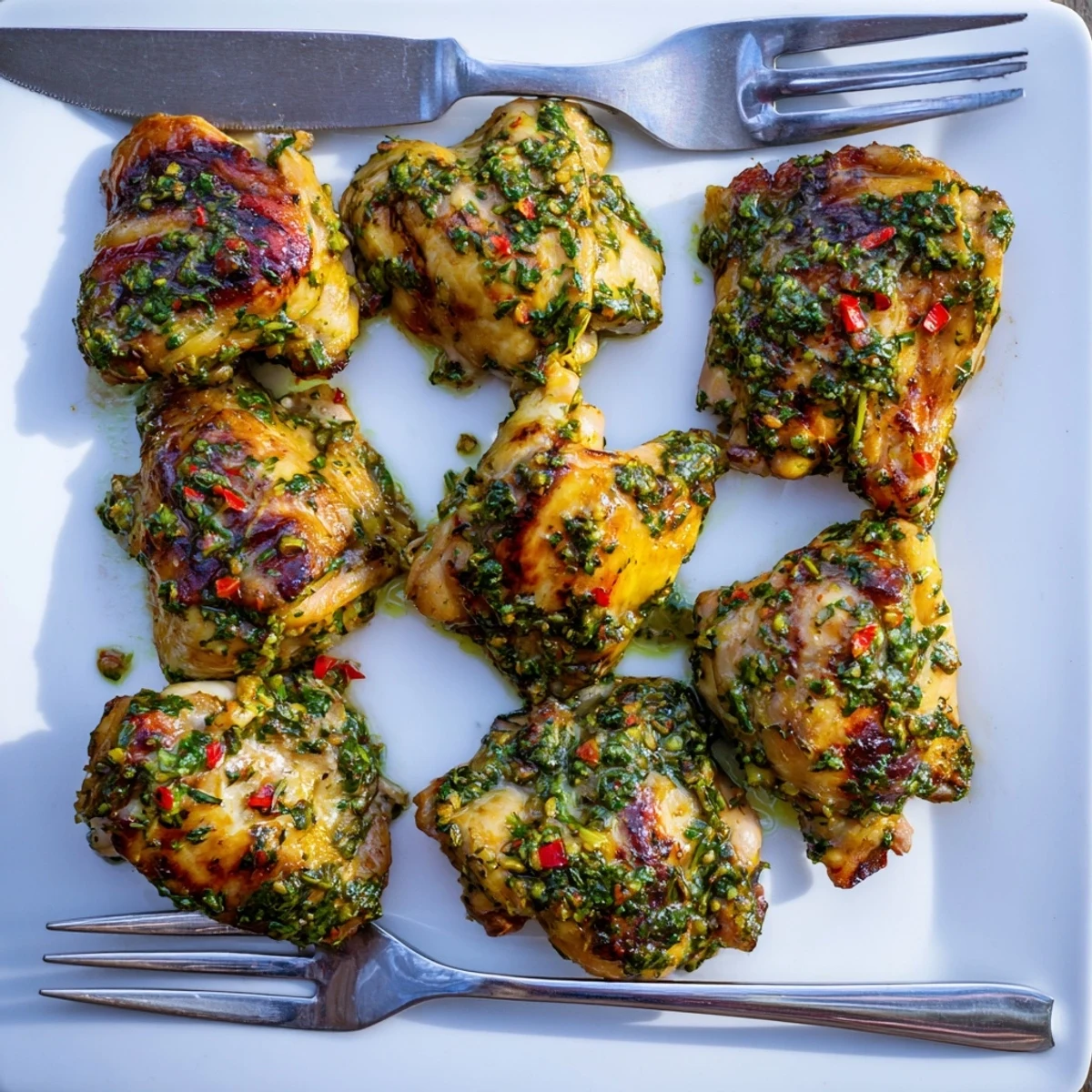 Golden brown grilled chimichurri glazed chicken thighs with vibrant green herb sauce glistening on top