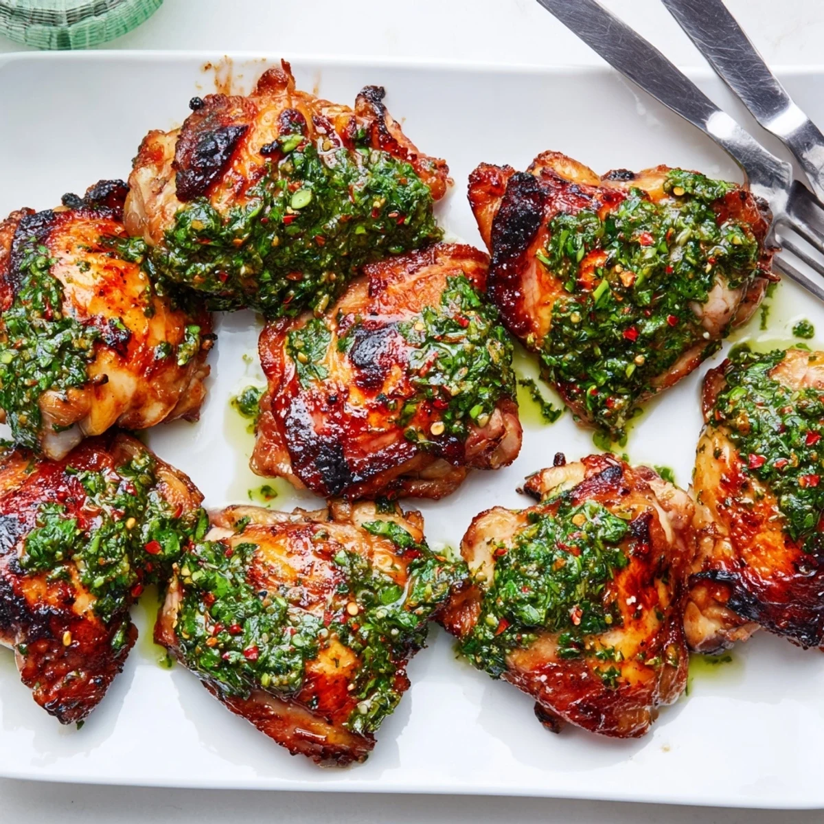 Succulent Argentine-style chimichurri glazed chicken thighs resting on a platter with fresh parsley and cilantro