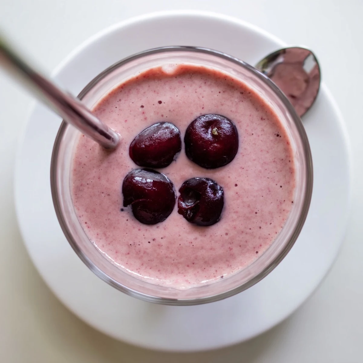 Thick pink smoothie blended with frozen cherries and vanilla protein powder in a tall glass