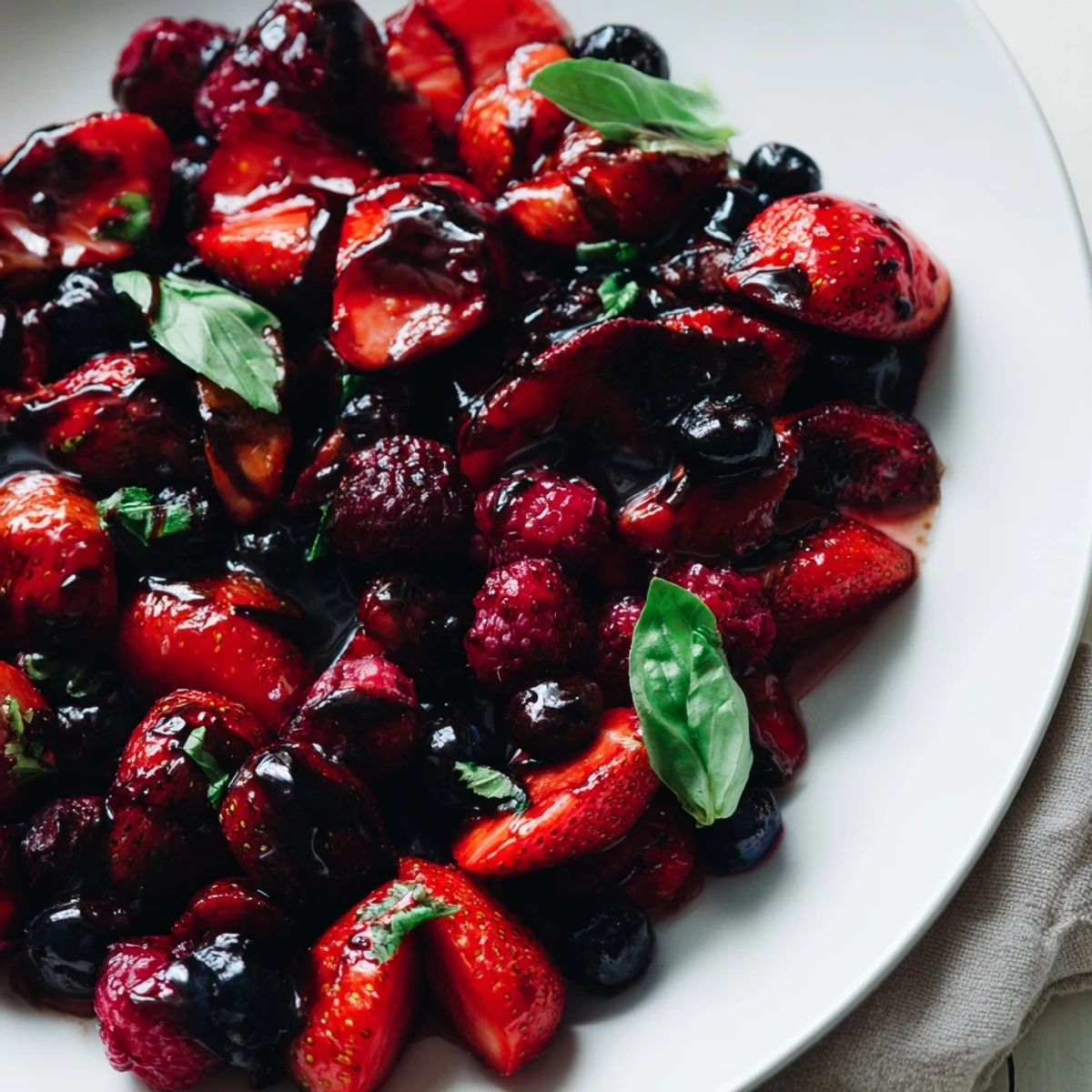 Syrupy Balsamic Roasted Strawberry Medley bubbling with mixed berries, vanilla, and black pepper after 25 minutes in the oven