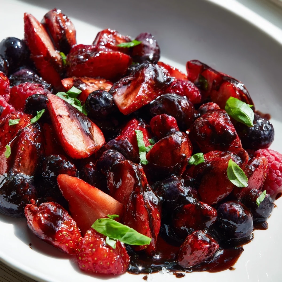 Golden roasted strawberries glistening with dark balsamic glaze and fresh chopped basil on a white ceramic baking dish
