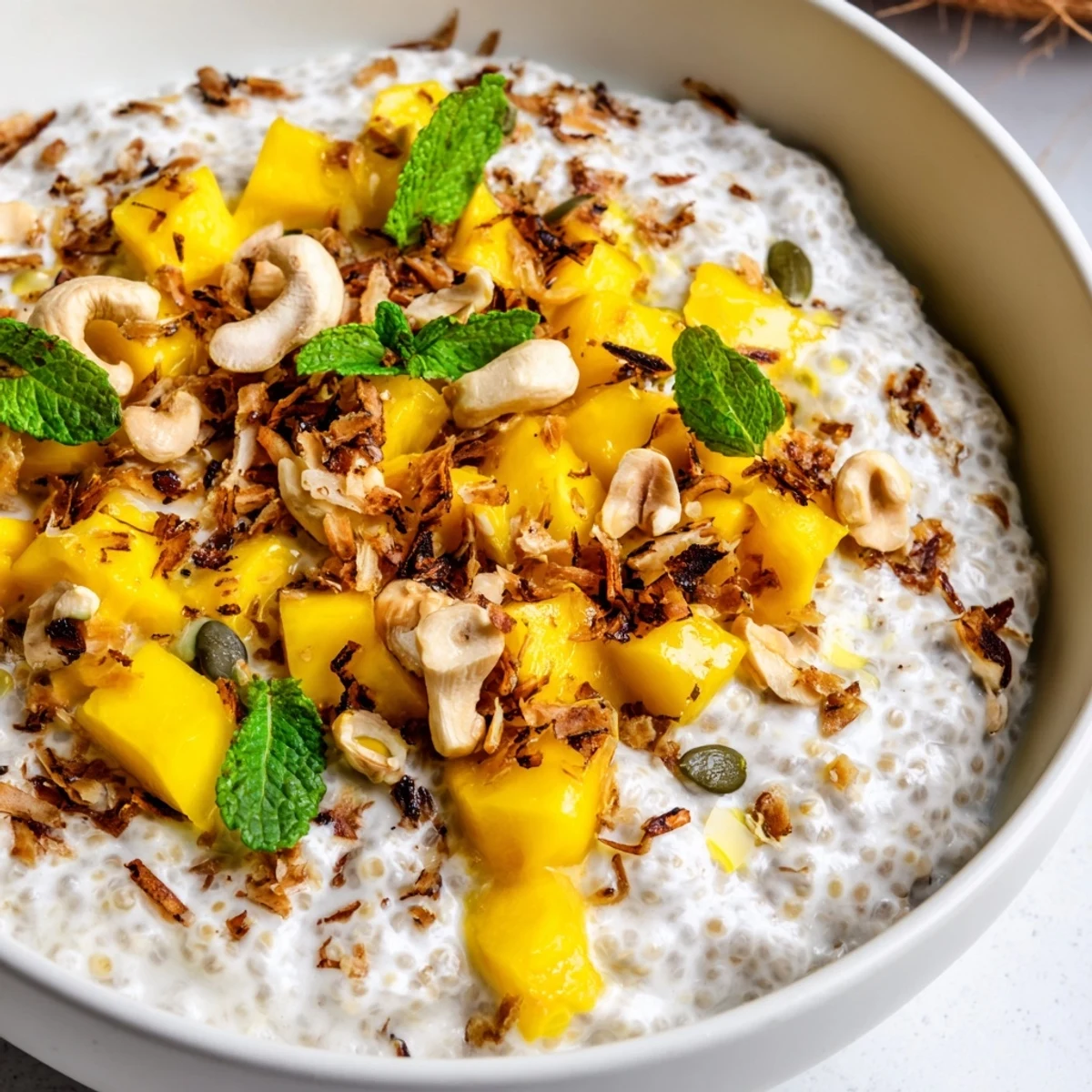 Creamy coconut mango chia breakfast bowl topped with fresh diced mango and toasted coconut flakes