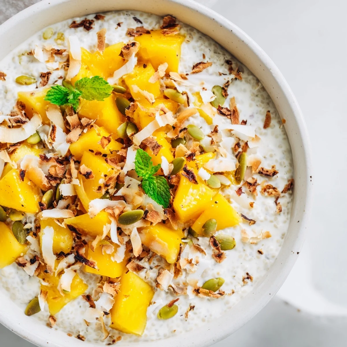 Overnight coconut mango chia breakfast bowl layered with tropical fruit and nutty pumpkin seeds