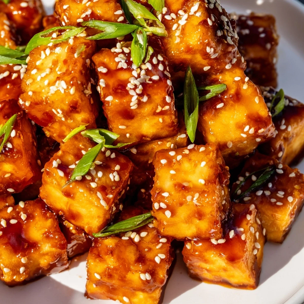 Golden crispy sesame ginger tofu cubes glazed in savory brown sauce topped with toasted sesame seeds