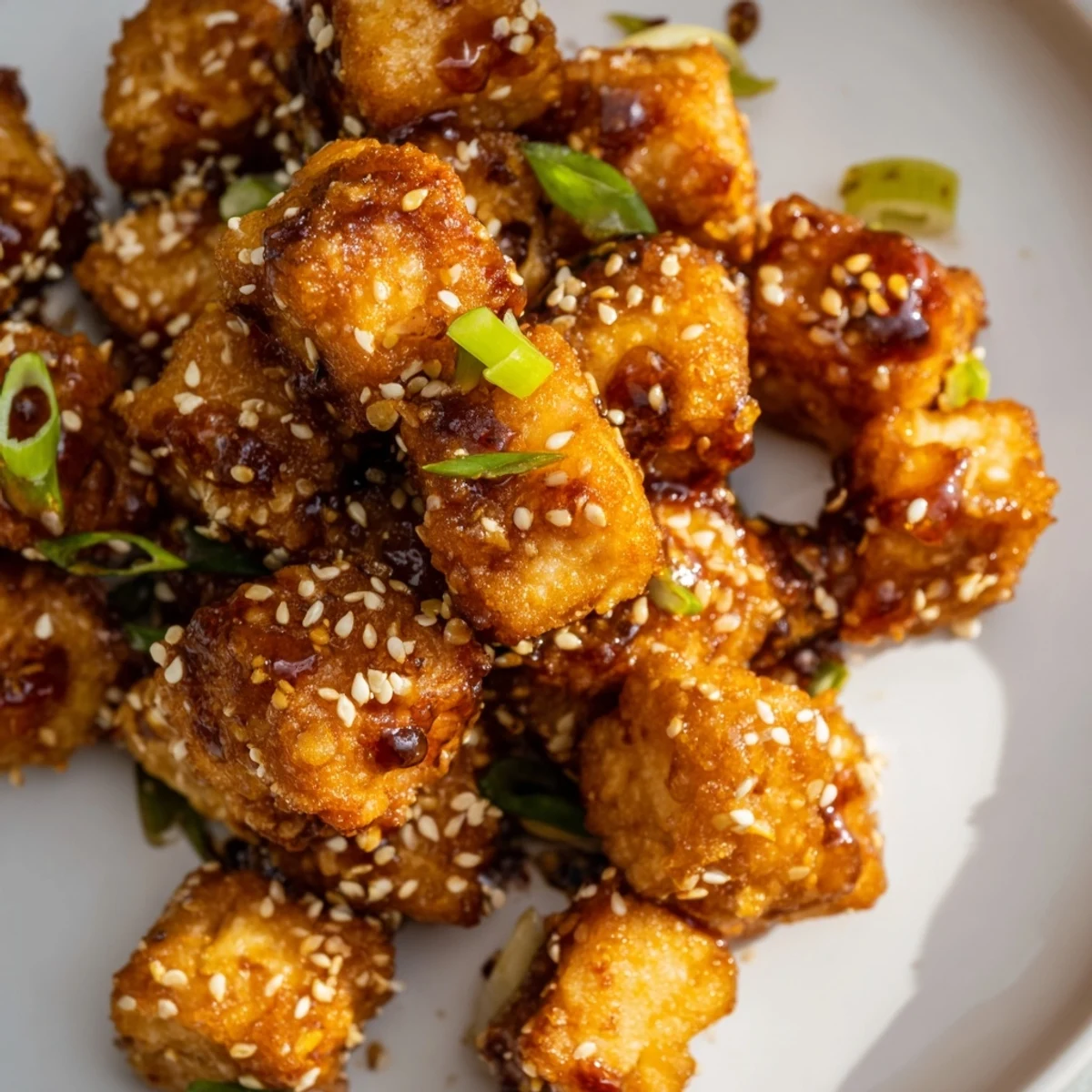 Vegan crispy sesame ginger tofu served in a glossy sauce with crunchy sesame seed sprinkle