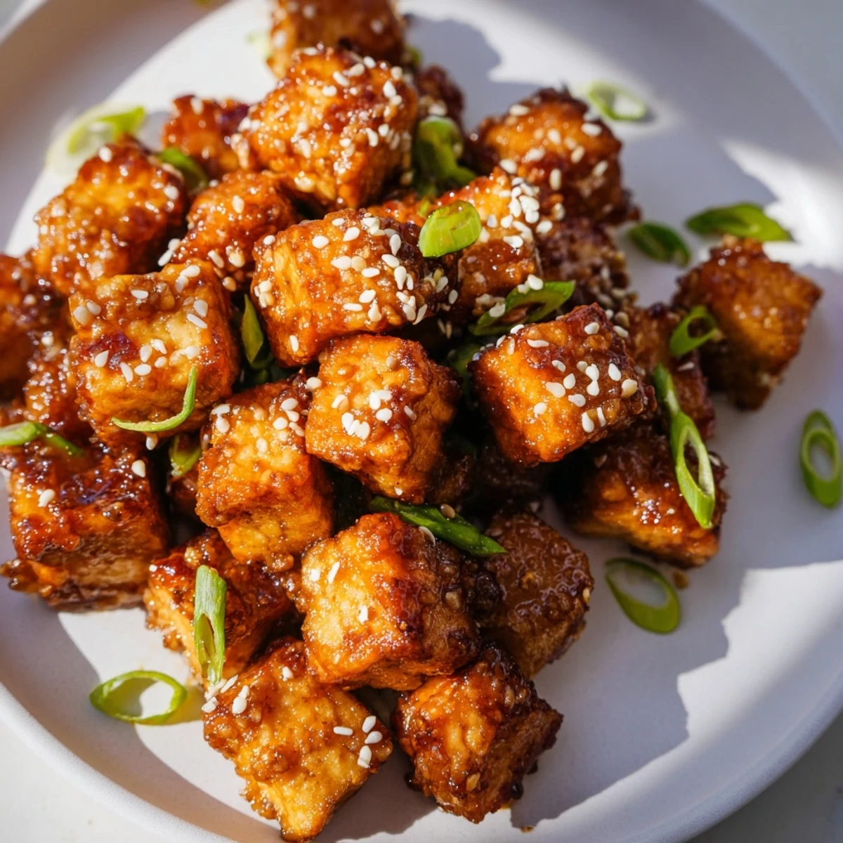 Baked crispy sesame ginger tofu tossed in zesty ginger sauce and garnished with fresh green scallions