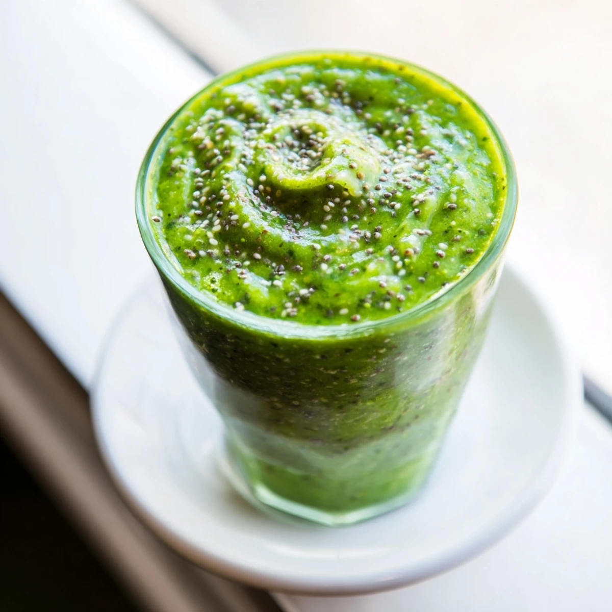 Creamy peach ginger green smoothie blended with spinach and garnished with fresh peach slices on a wooden table