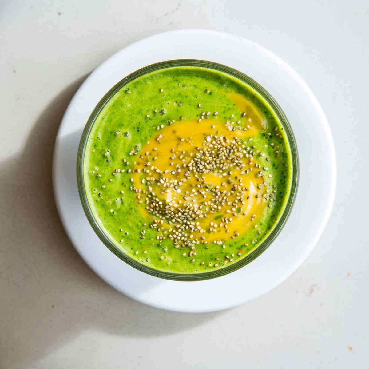 Fresh peach ginger green smoothie poured into a glass with vibrant green swirls and floating fruit pieces