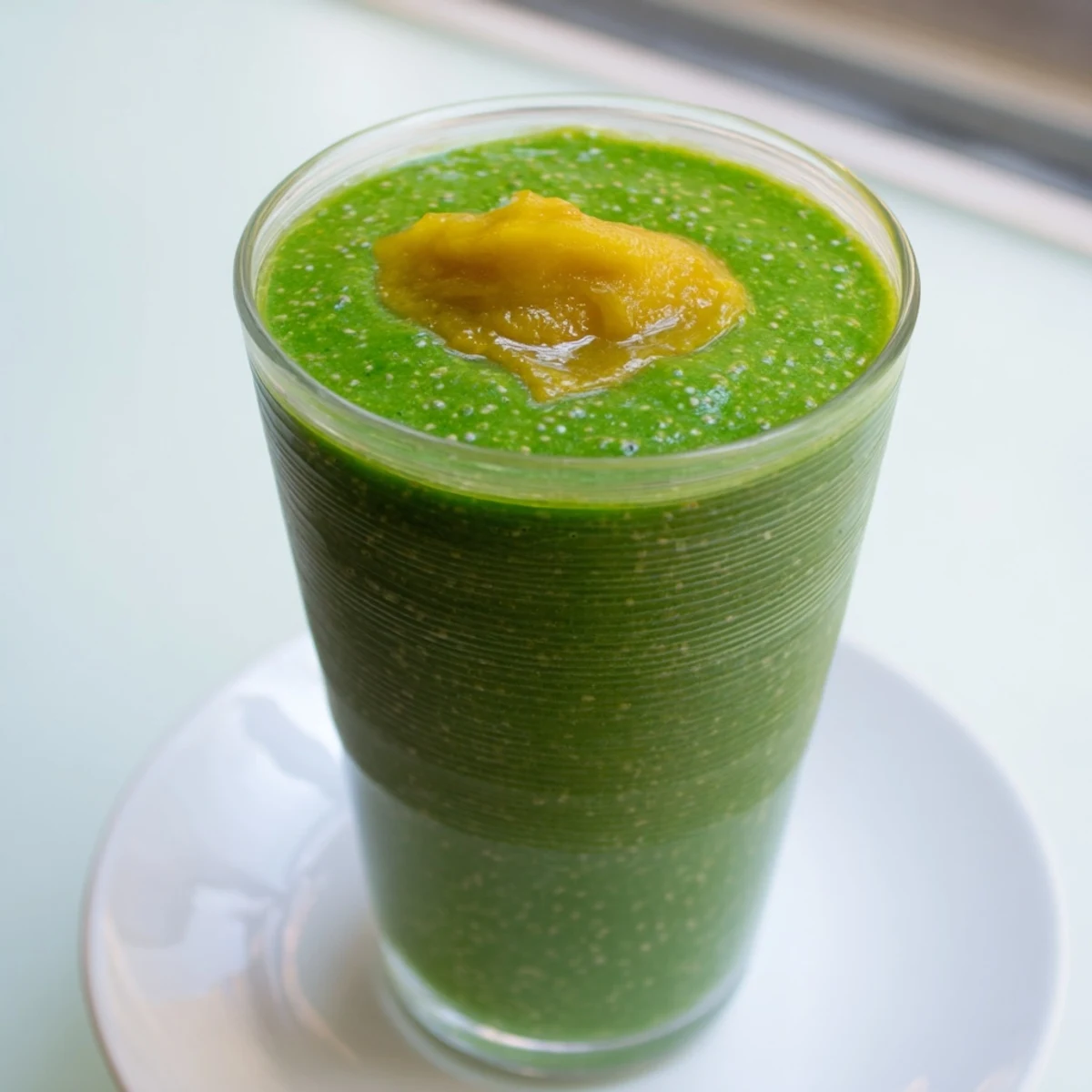 Thick peach ginger green smoothie in a mason jar topped with chia seeds and a peach wedge