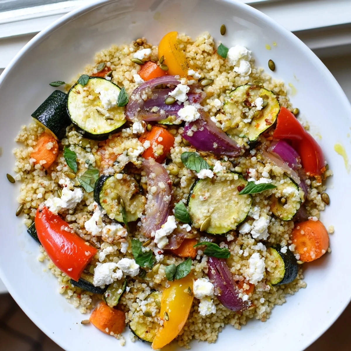 Wholesome bowl of caramelized veggies and nutty millet salad topped with toasted pumpkin seeds