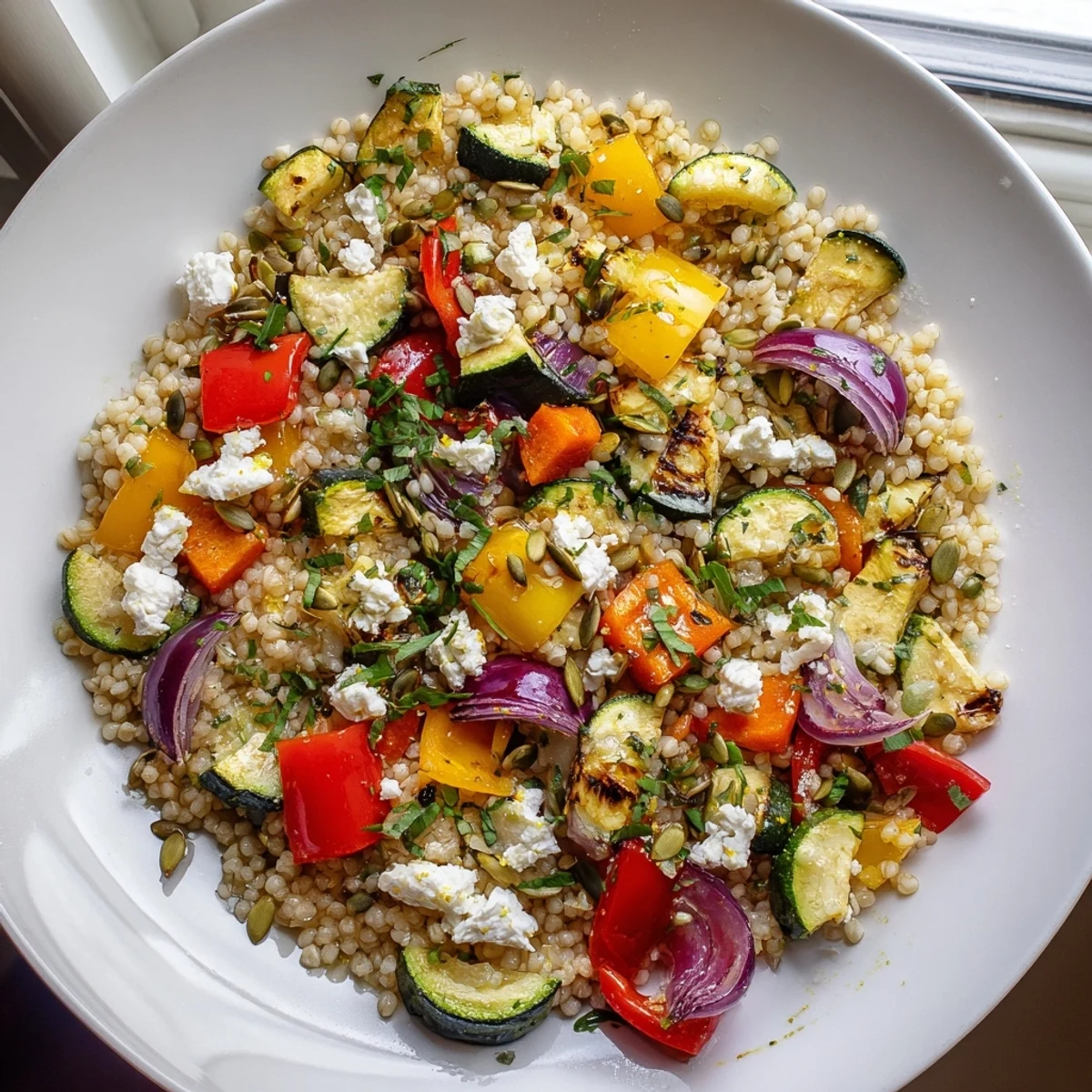 Golden roasted vegetables tossed with fluffy warm millet and fresh lemon-herb dressing