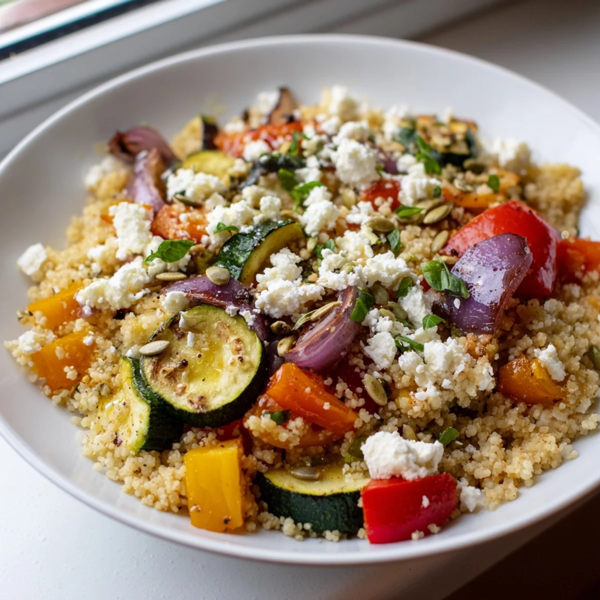 Vibrant Mediterranean-inspired warm millet salad with colorful roasted peppers and zucchini served family-style