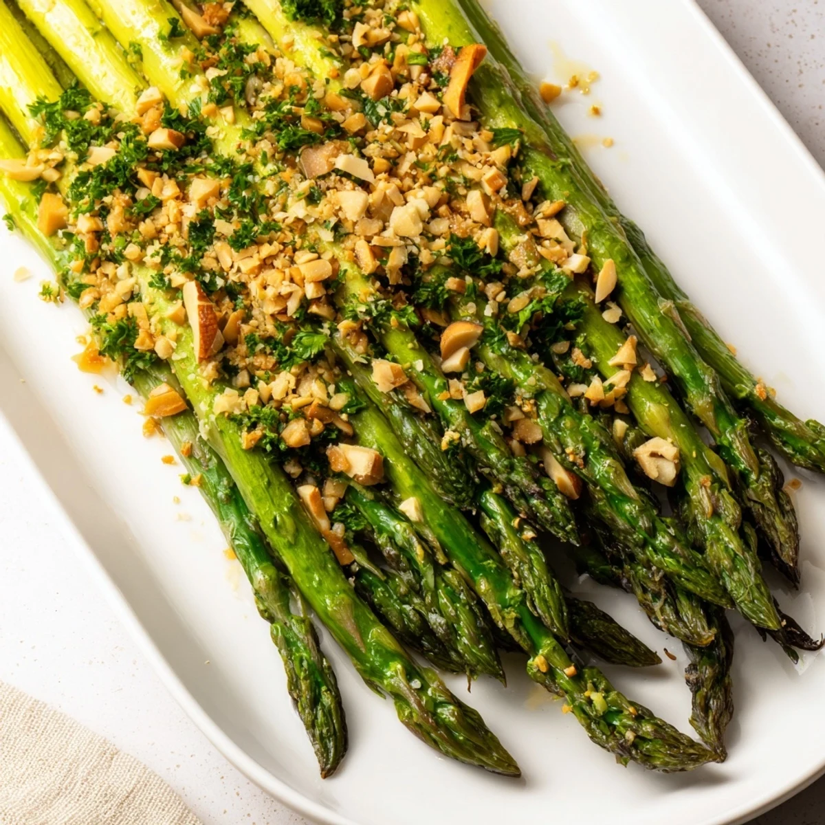 Golden roasted asparagus spears topped with crunchy almond gremolata and fresh green parsley on a white serving platter