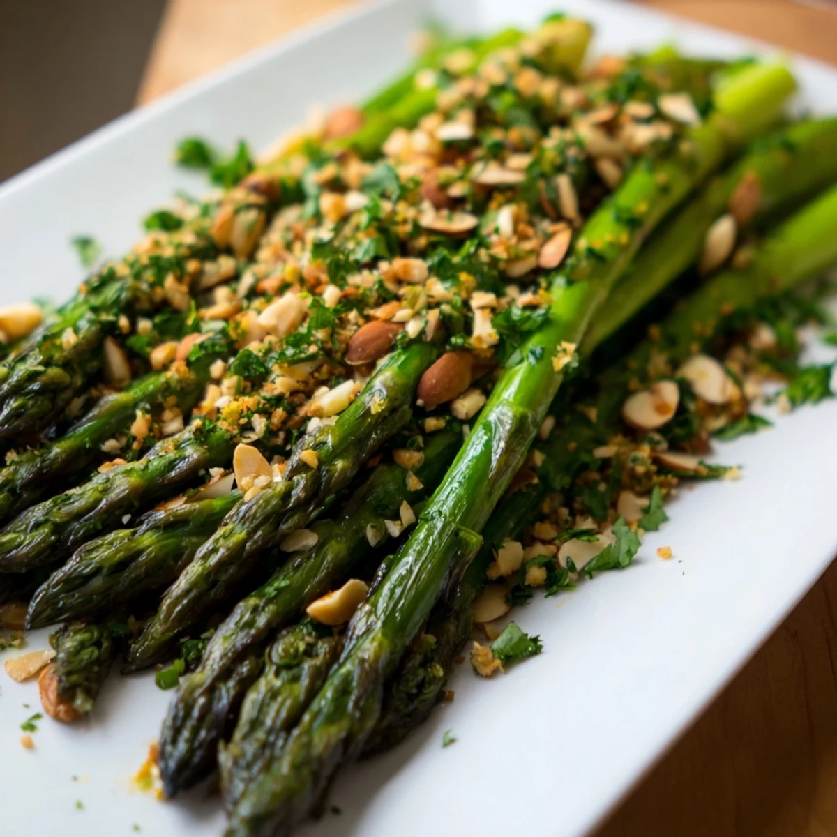 Oven roasted green asparagus finished with bright almond gremolata topping featuring parsley lemon and toasted nuts