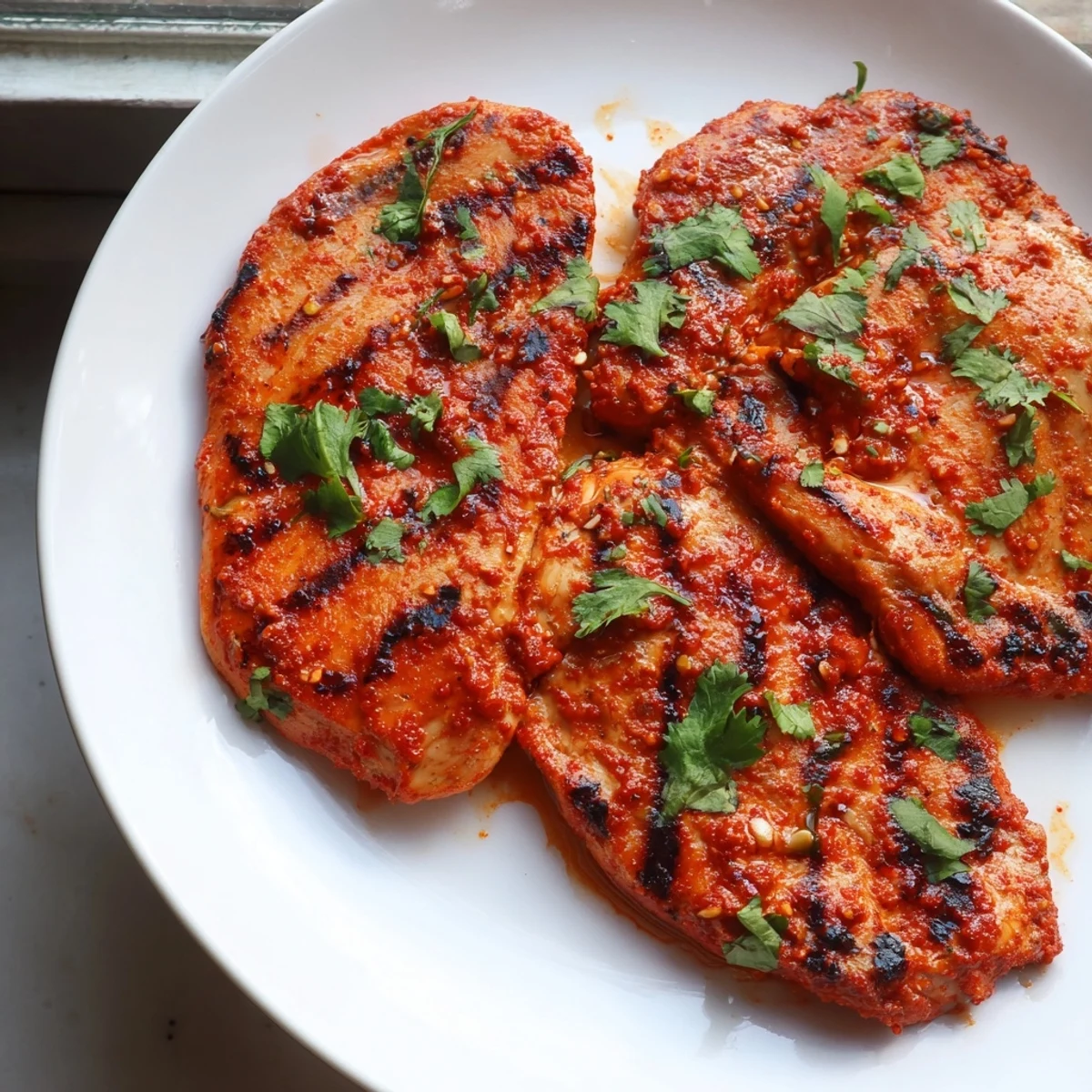 Spicy harissa lemon grilled chicken sliced to reveal juicy interior with lemon wedge garnish