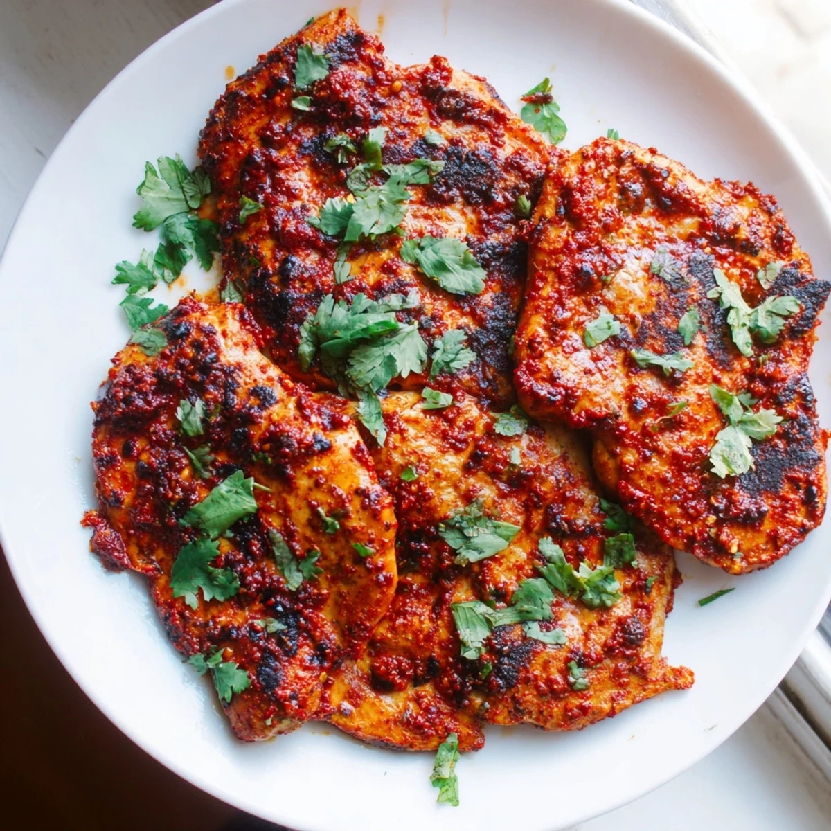 Char grilled chicken breast brushed with harissa lemon marinade resting on wooden cutting board