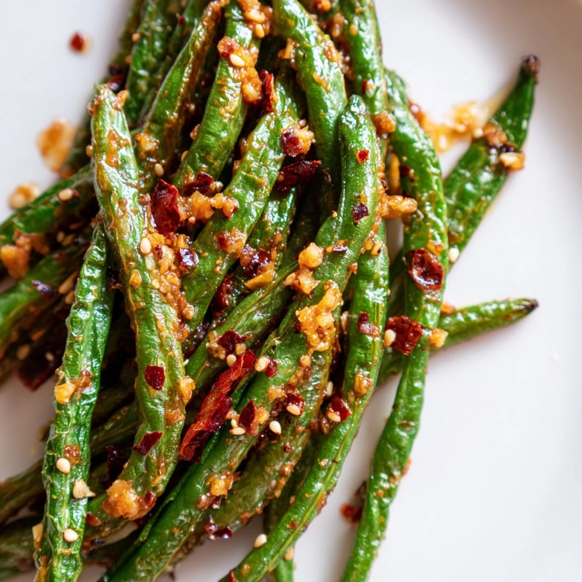 Golden blistered green beans roasted with minced garlic and chili flakes arranged artfully on a rustic wooden board