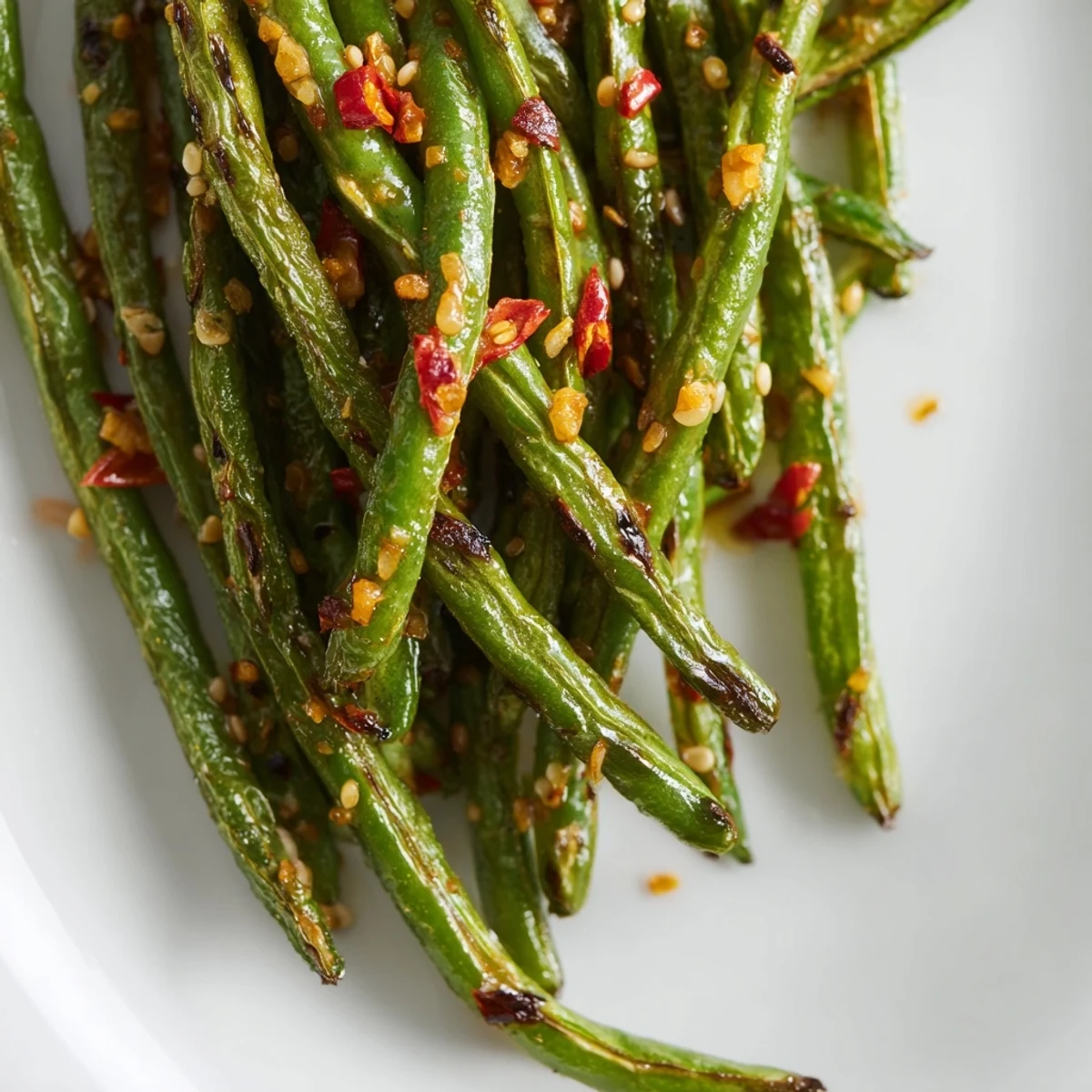 Vibrant green beans caramelized from roasting with spicy garlic and red chili flakes on a parchment-lined baking sheet