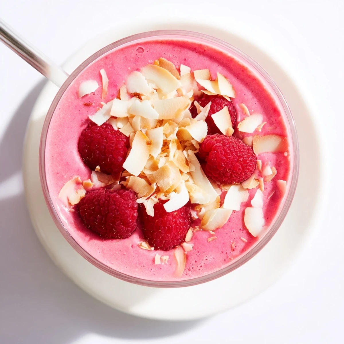 Creamy vegan raspberry coconut cream smoothie topped with toasted coconut flakes and raspberries