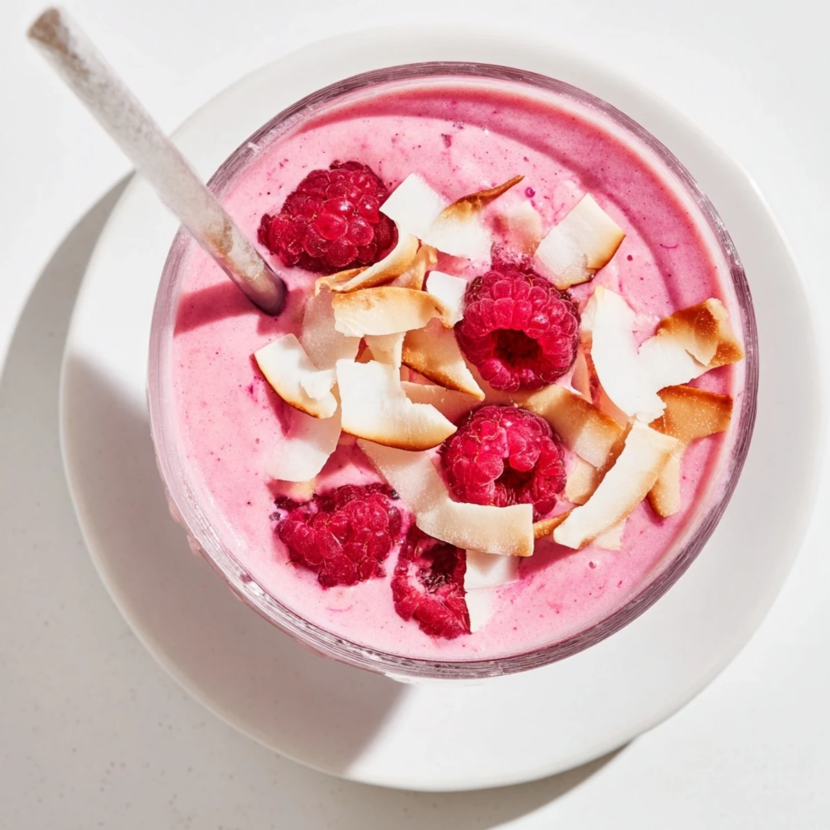 Glossy pink raspberry coconut cream smoothie poured into a tall glass with fresh berry garnish