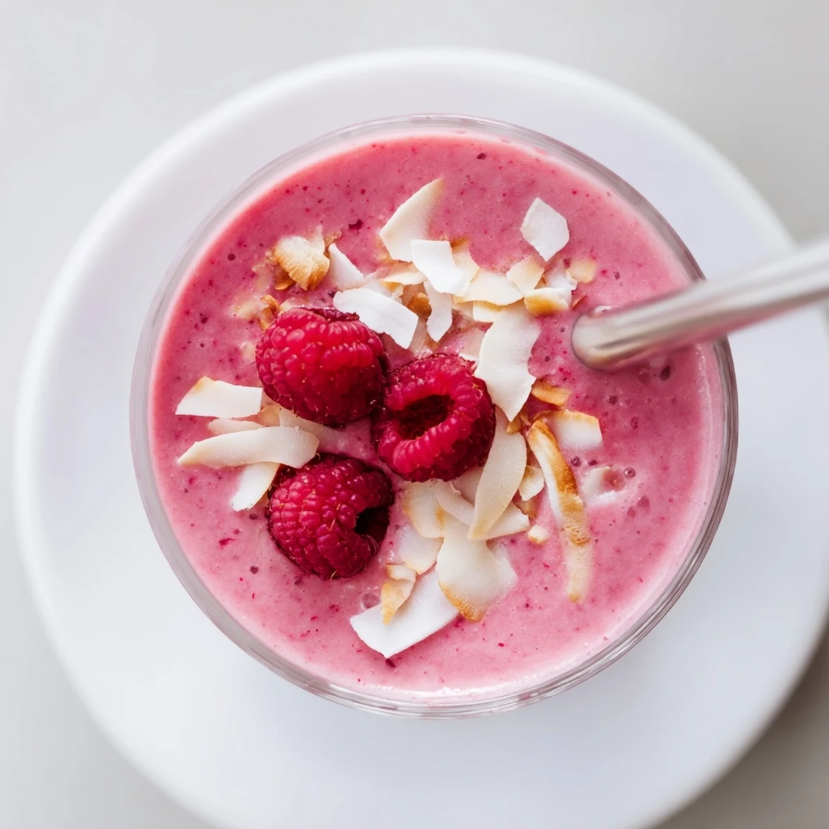 Thick raspberry coconut cream smoothie blended with banana and vanilla in clear glassware