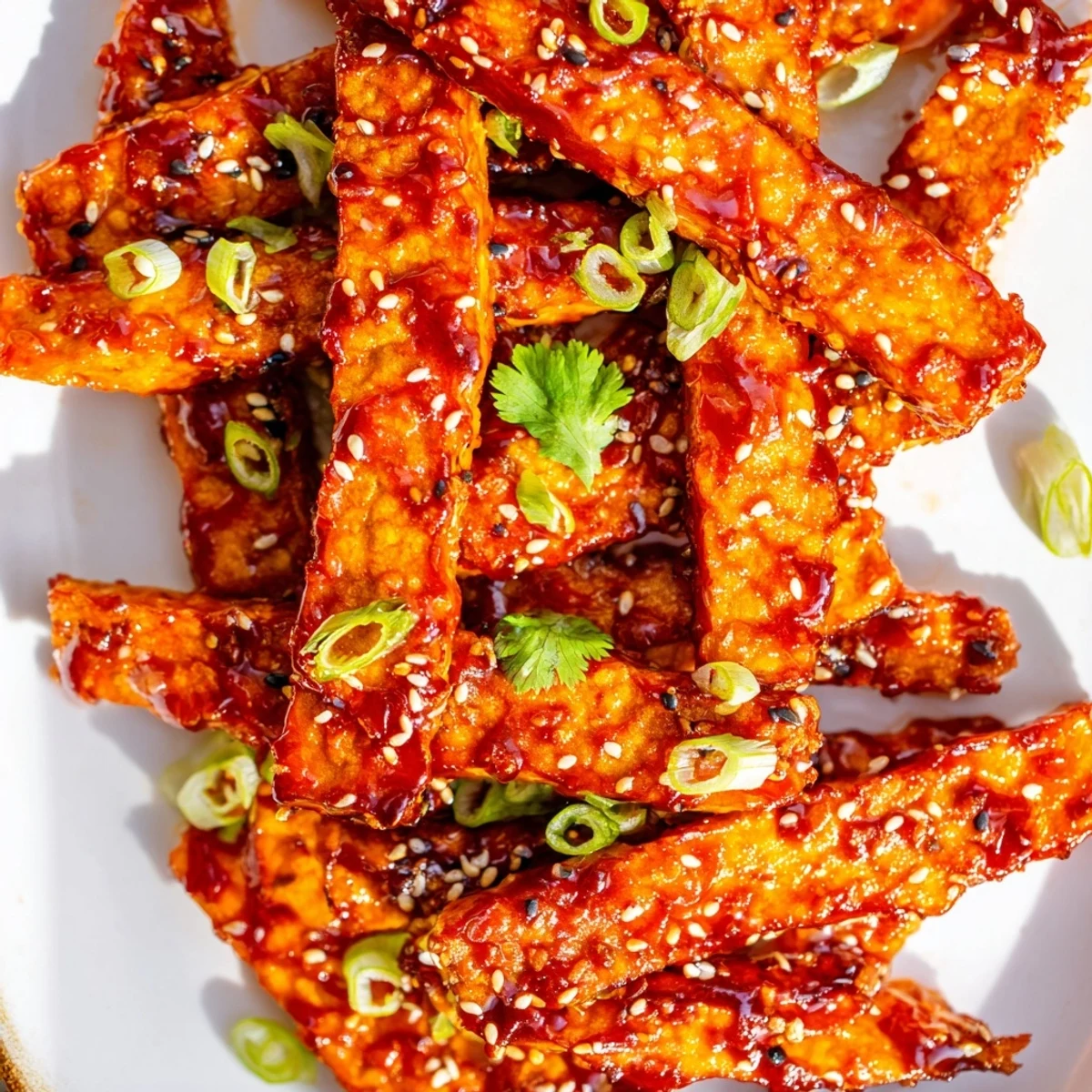 Golden sweet chili glazed tempeh pieces coated in sticky red sauce with sesame seeds
